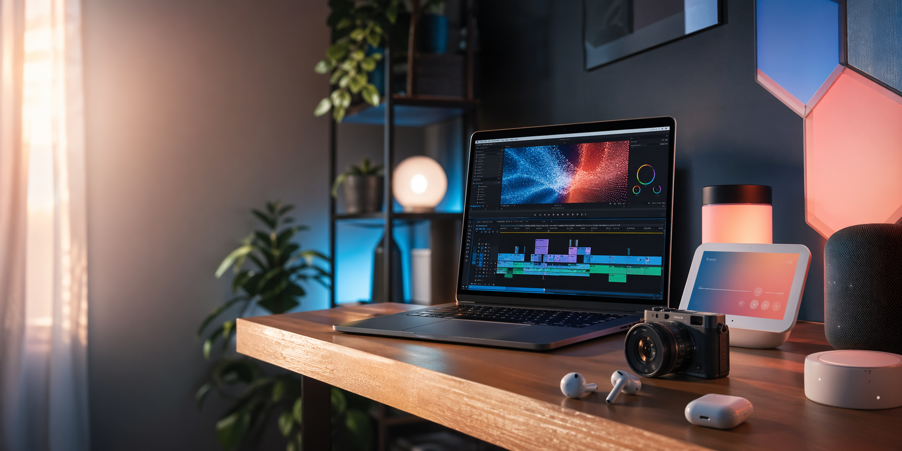 Modern technology content desk with laptop, camera and smart devices.